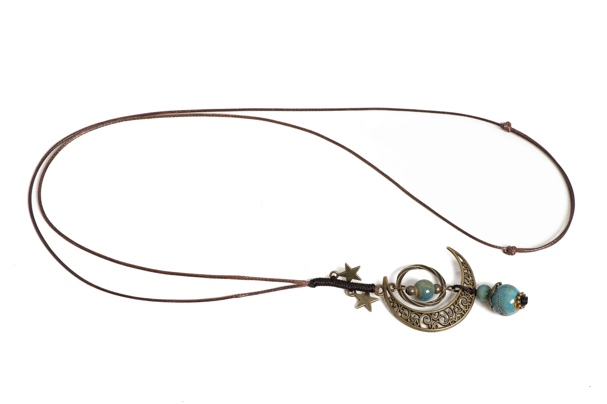 Moon and Star Handmade Ceramic Necklace Adjustable Pendant Boho Vintage Jewelry Multiple Colors Accessories 142