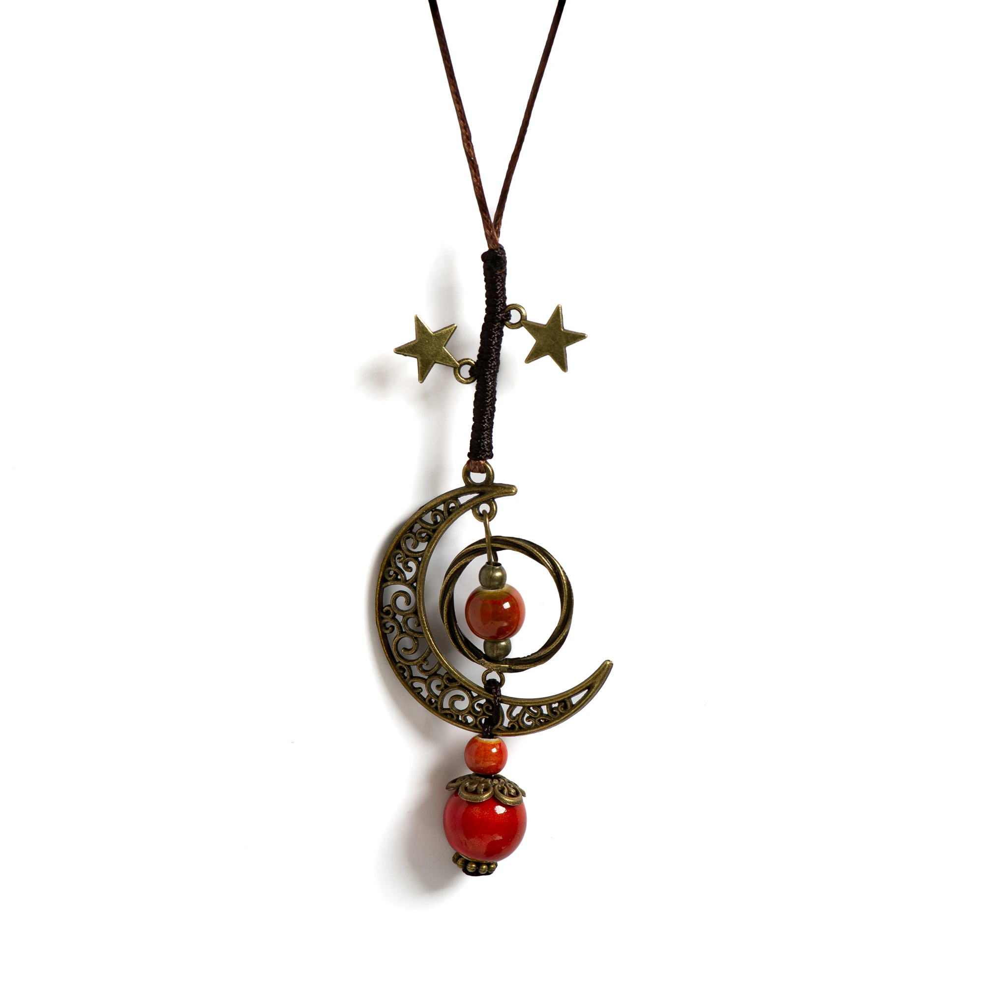 Moon and Star Handmade Ceramic Necklace Adjustable Pendant Boho Vintage Jewelry Multiple Colors Accessories 142