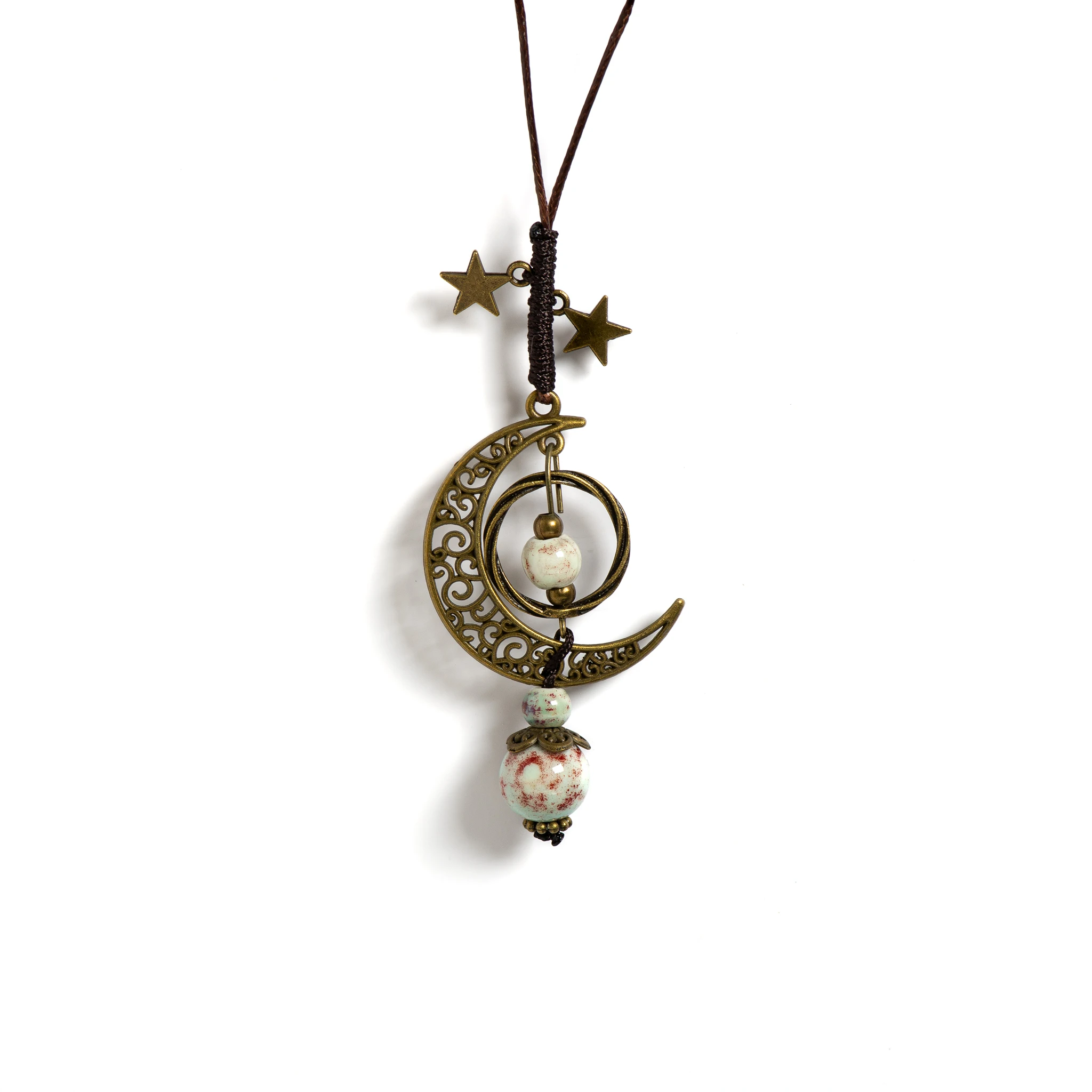 Moon and Star Handmade Ceramic Necklace Adjustable Pendant Boho Vintage Jewelry Multiple Colors Accessories 142