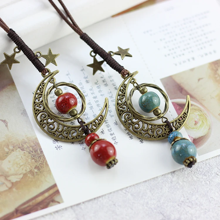 Moon and Star Handmade Ceramic Necklace Adjustable Pendant Boho Vintage Jewelry Multiple Colors Accessories 142