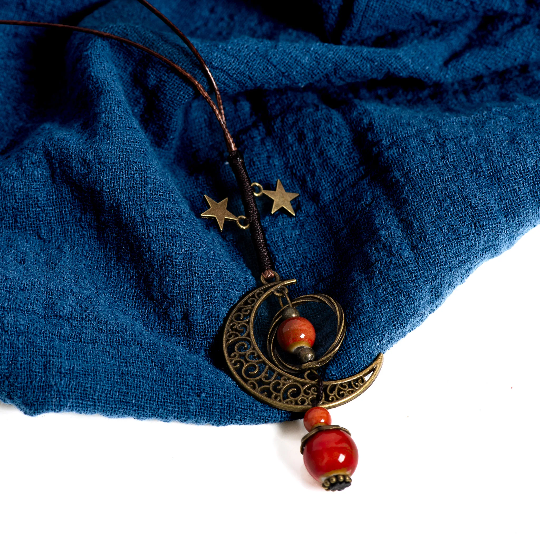 Moon and Star Handmade Ceramic Necklace Adjustable Pendant Boho Vintage Jewelry Multiple Colors Accessories 142