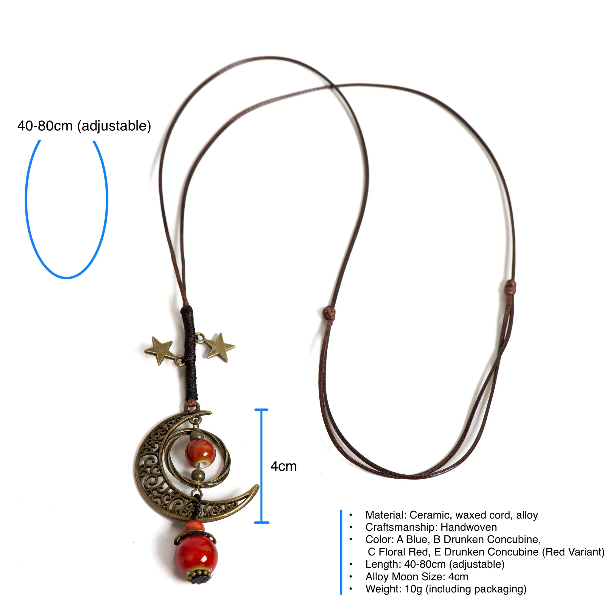 Moon and Star Handmade Ceramic Necklace Adjustable Pendant Boho Vintage Jewelry Multiple Colors Accessories 142