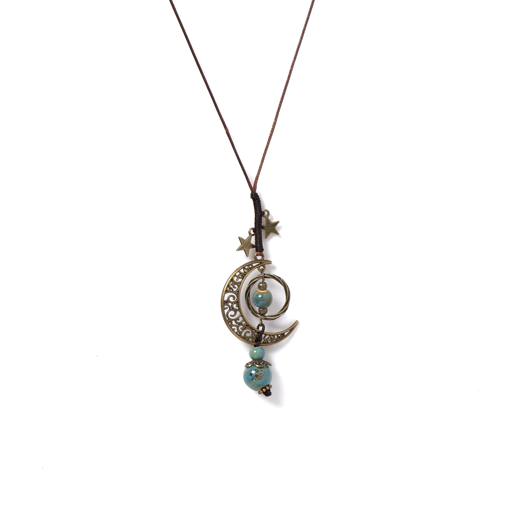 Moon and Star Handmade Ceramic Necklace Adjustable Pendant Boho Vintage Jewelry Multiple Colors Accessories 142