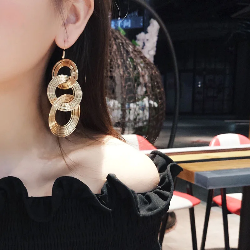 Punk Gold Colour Big Geometric 3 Circle Metal Long Dangle Earrings For Women Bohemian Party Exaggerated Fashion Jewelry
