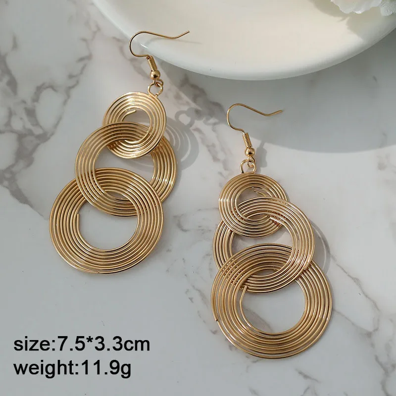 Punk Gold Colour Big Geometric 3 Circle Metal Long Dangle Earrings For Women Bohemian Party Exaggerated Fashion Jewelry