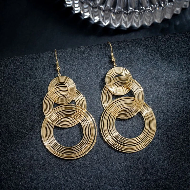 Punk Gold Colour Big Geometric 3 Circle Metal Long Dangle Earrings For Women Bohemian Party Exaggerated Fashion Jewelry