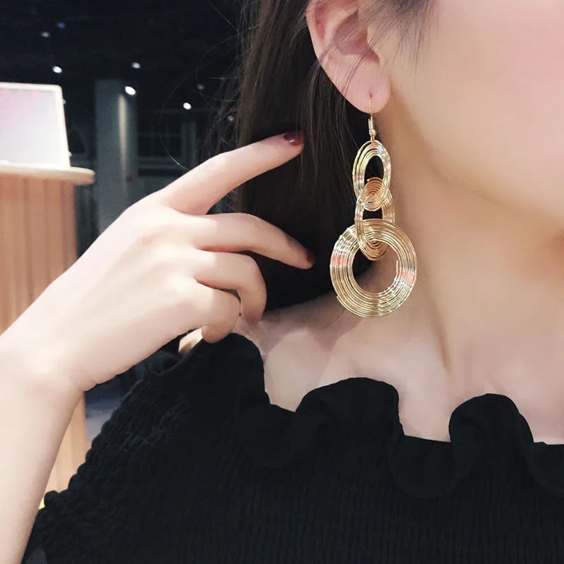 Punk Gold Colour Big Geometric 3 Circle Metal Long Dangle Earrings For Women Bohemian Party Exaggerated Fashion Jewelry