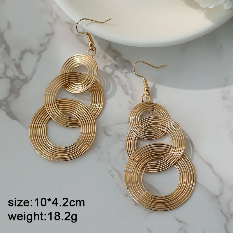 Punk Gold Colour Big Geometric 3 Circle Metal Long Dangle Earrings For Women Bohemian Party Exaggerated Fashion Jewelry