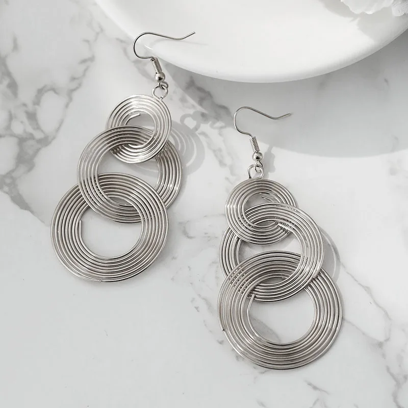 Punk Gold Colour Big Geometric 3 Circle Metal Long Dangle Earrings For Women Bohemian Party Exaggerated Fashion Jewelry