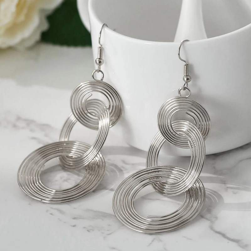 Punk Gold Colour Big Geometric 3 Circle Metal Long Dangle Earrings For Women Bohemian Party Exaggerated Fashion Jewelry