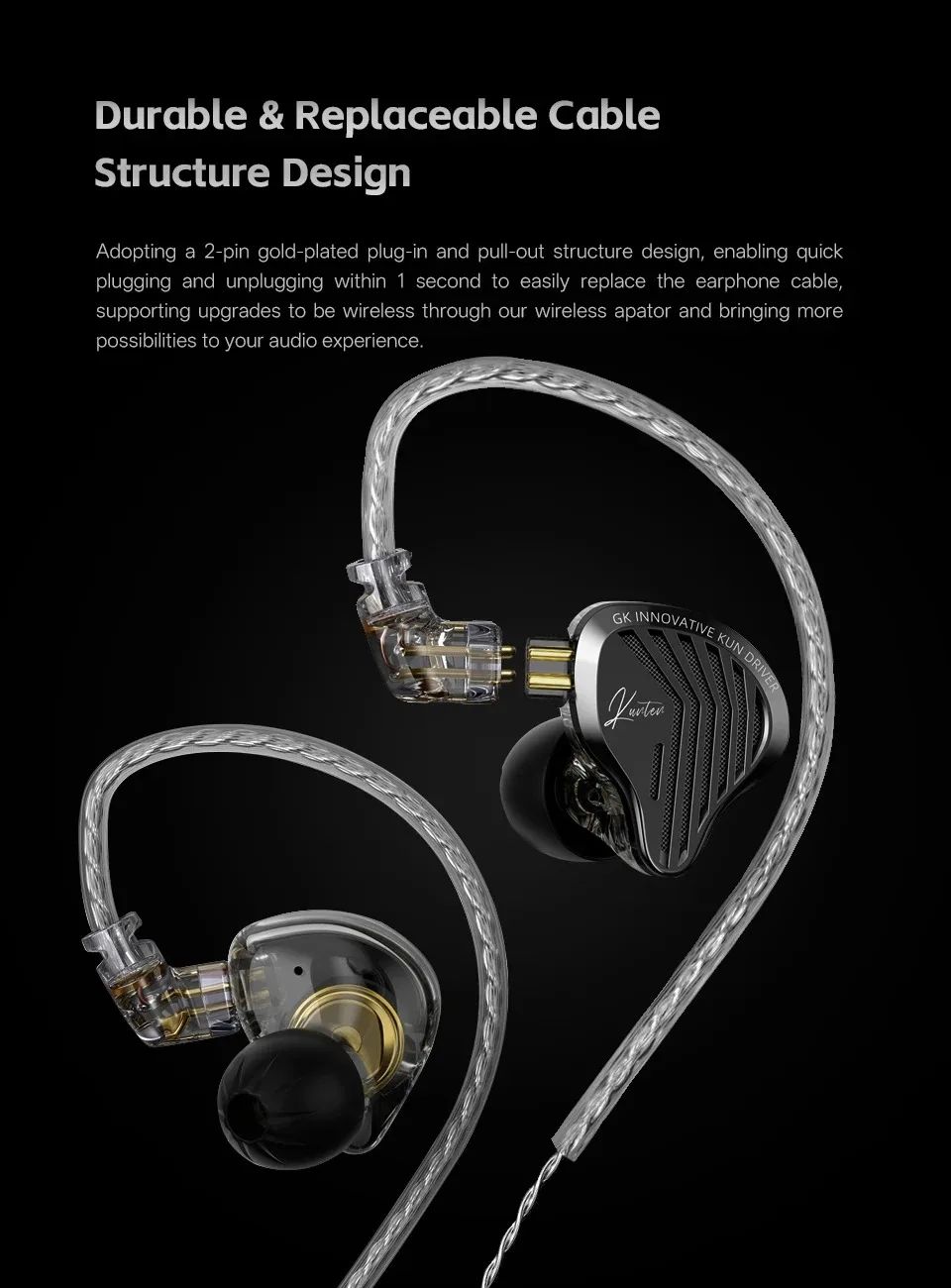 Kz Gk Kunten 1DD Dynamic Drive Earphone Hifi IEMs In Ear Earbuds 2pin Detachable Cable Metal Gamer Audiophile Headset