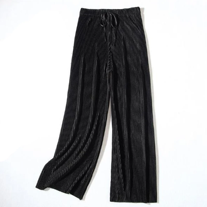 2025 Women's Pleated Loose Ice Silk Korean Casual Cropped Pants Wide Leg Trouse Home Classic Sports Wear Girls Clothes Black Top