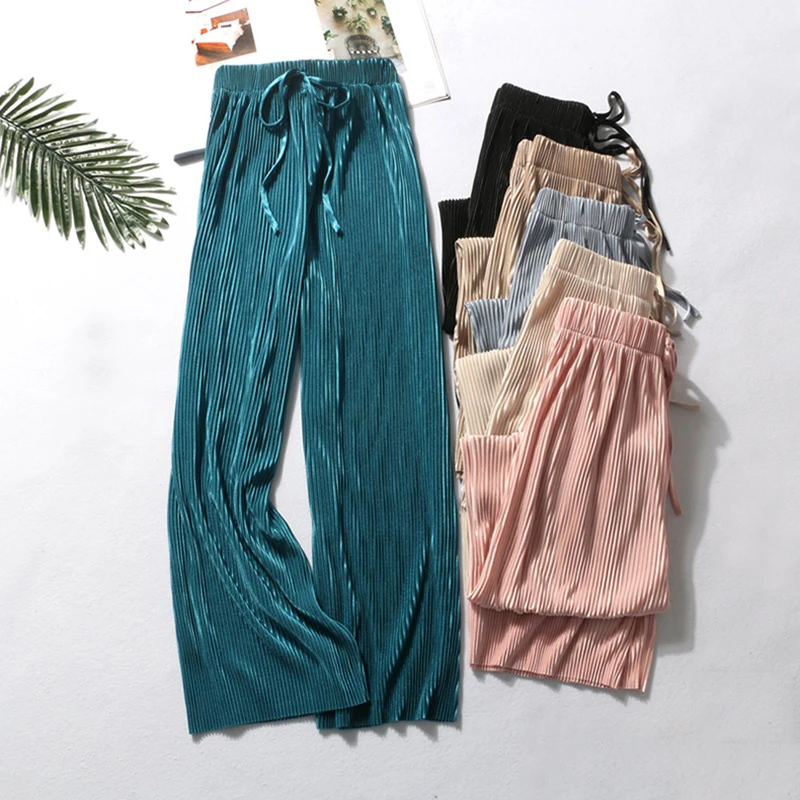 2025 Women's Pleated Loose Ice Silk Korean Casual Cropped Pants Wide Leg Trouse Home Classic Sports Wear Girls Clothes Black Top