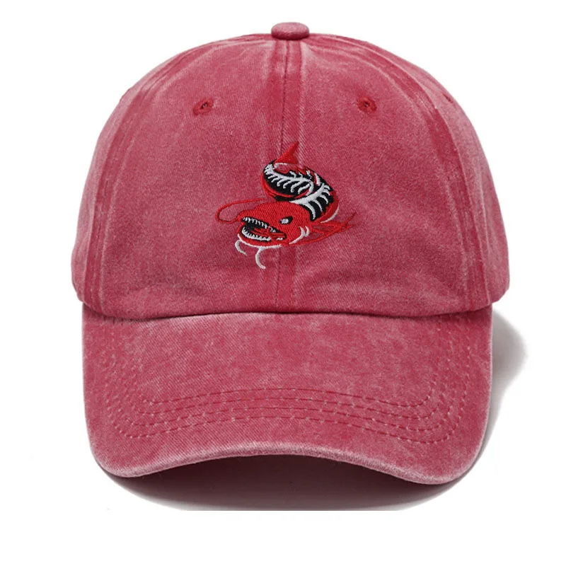 Men Washed Grey Baseball Cap Angler Fish Embroidery Pattern Soft Dad Hat Unisex Adjustable Snapback Casual Fishing Sport Hat