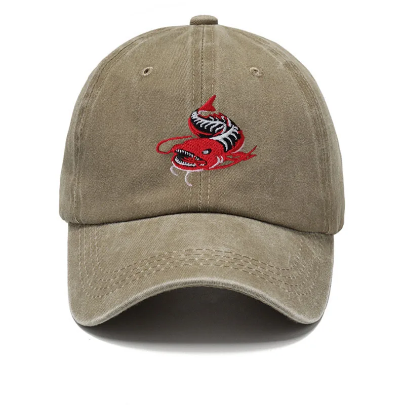 Men Washed Grey Baseball Cap Angler Fish Embroidery Pattern Soft Dad Hat Unisex Adjustable Snapback Casual Fishing Sport Hat