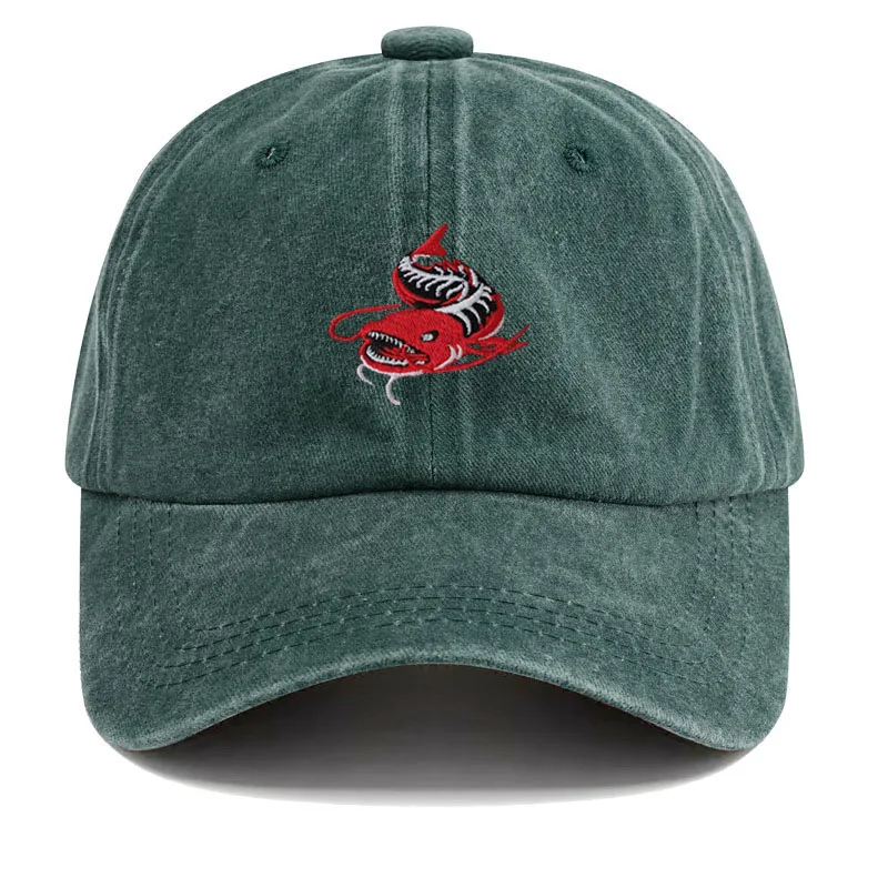 Men Washed Grey Baseball Cap Angler Fish Embroidery Pattern Soft Dad Hat Unisex Adjustable Snapback Casual Fishing Sport Hat