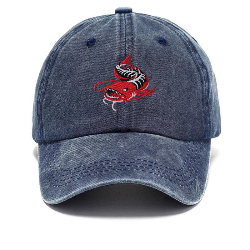 Men Washed Grey Baseball Cap Angler Fish Embroidery Pattern Soft Dad Hat Unisex Adjustable Snapback Casual Fishing Sport Hat