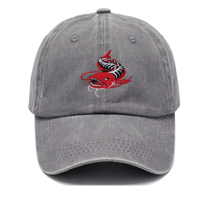 Men Washed Grey Baseball Cap Angler Fish Embroidery Pattern Soft Dad Hat Unisex Adjustable Snapback Casual Fishing Sport Hat