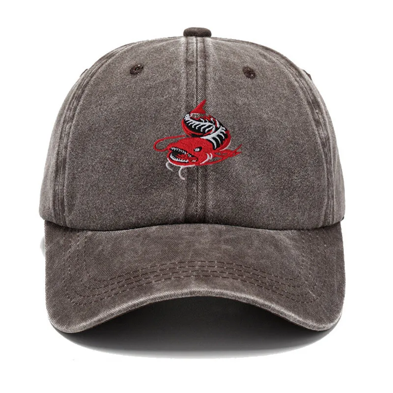 Men Washed Grey Baseball Cap Angler Fish Embroidery Pattern Soft Dad Hat Unisex Adjustable Snapback Casual Fishing Sport Hat