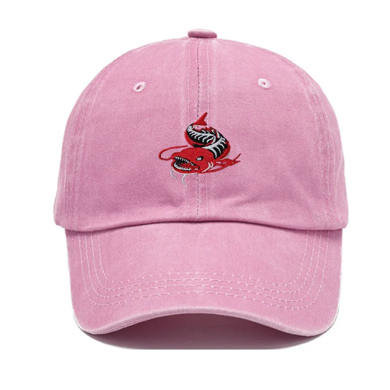 Men Washed Grey Baseball Cap Angler Fish Embroidery Pattern Soft Dad Hat Unisex Adjustable Snapback Casual Fishing Sport Hat