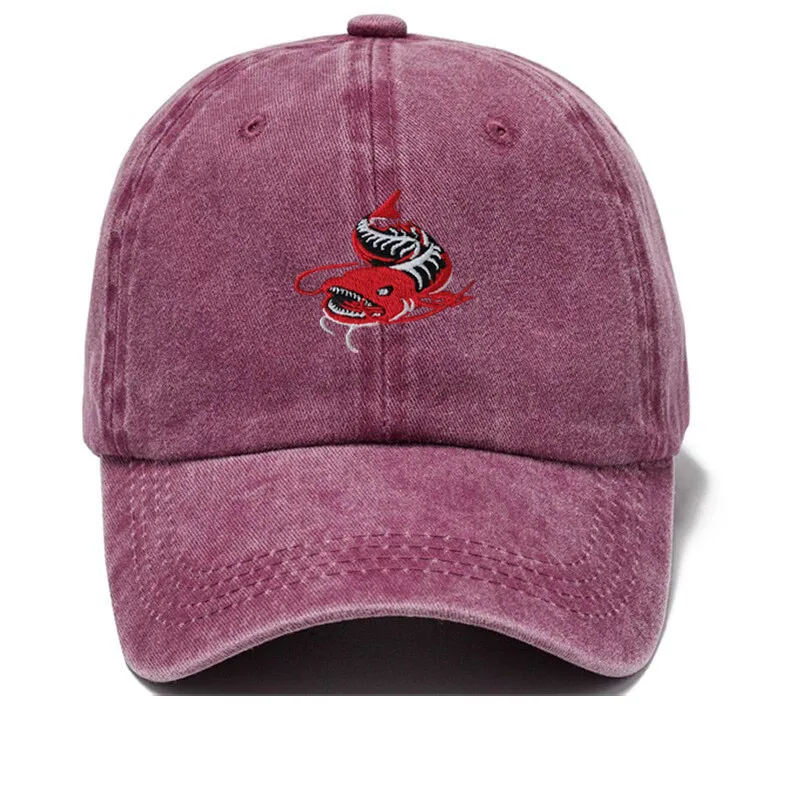 Men Washed Grey Baseball Cap Angler Fish Embroidery Pattern Soft Dad Hat Unisex Adjustable Snapback Casual Fishing Sport Hat