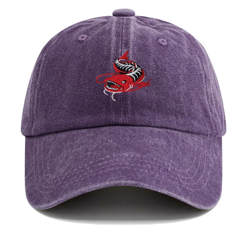 Men Washed Grey Baseball Cap Angler Fish Embroidery Pattern Soft Dad Hat Unisex Adjustable Snapback Casual Fishing Sport Hat