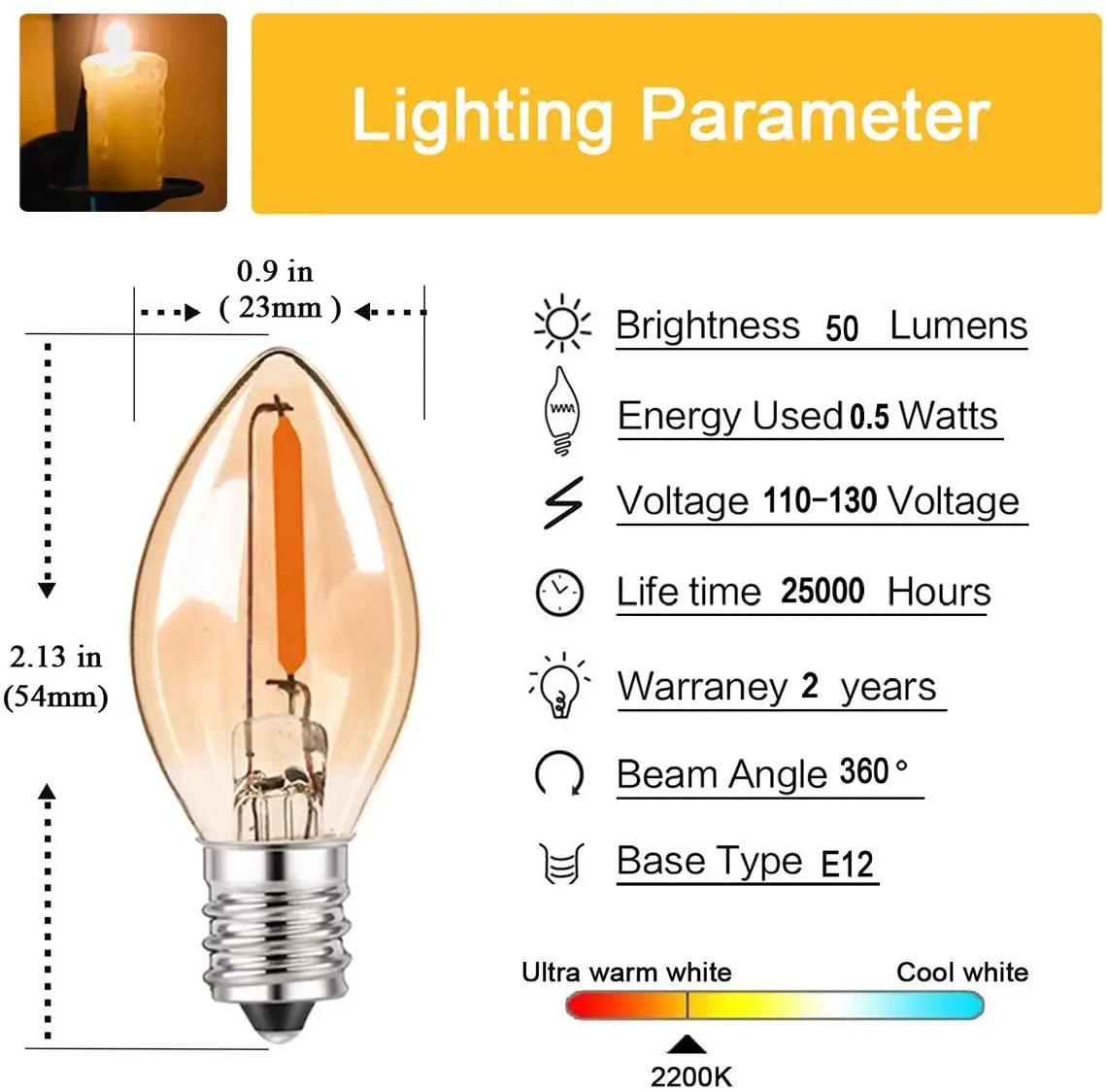 LED Night Light Bulbs C7 Chandelier E12 E14 Base Decorative Light Bulbs 0.5 Watts Party Small Candle Mini Bulb 2200K Amber Glass