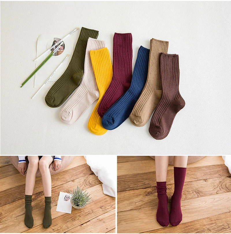 1 Pair Retro Women Cotton Loose Socks Autumn Winter Knitting Solid Color Long Black Korean Japanese Student Girls Stockings