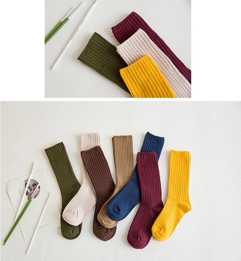 1 Pair Retro Women Cotton Loose Socks Autumn Winter Knitting Solid Color Long Black Korean Japanese Student Girls Stockings