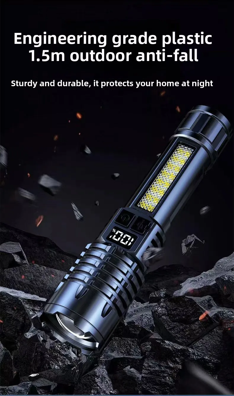 High Power LED Flashlight Portable Zoom Torch Type-C Rechargeable Waterproof Light with COB Side Lamp for Outdoor Camping Hiking