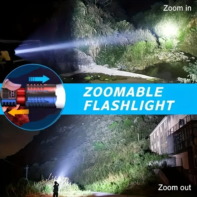 High Power LED Flashlight Portable Zoom Torch Type-C Rechargeable Waterproof Light with COB Side Lamp for Outdoor Camping Hiking