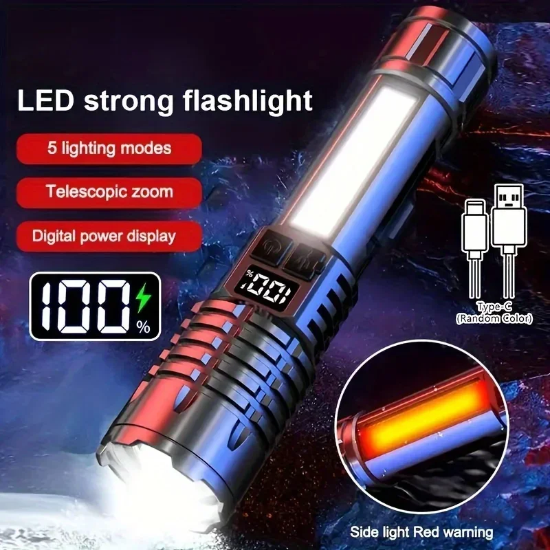 High Power LED Flashlight Portable Zoom Torch Type-C Rechargeable Waterproof Light with COB Side Lamp for Outdoor Camping Hiking