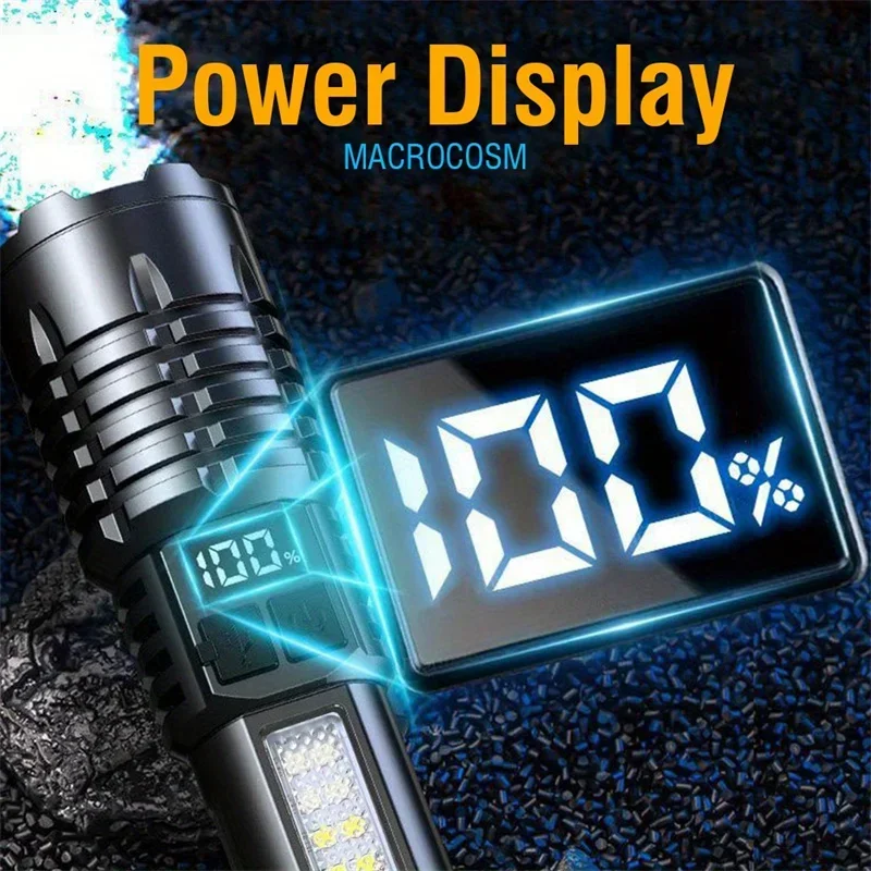 High Power LED Flashlight Portable Zoom Torch Type-C Rechargeable Waterproof Light with COB Side Lamp for Outdoor Camping Hiking