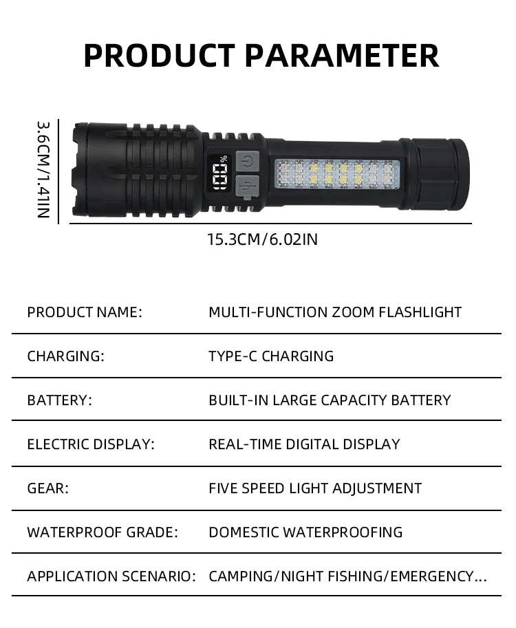 High Power LED Flashlight Portable Zoom Torch Type-C Rechargeable Waterproof Light with COB Side Lamp for Outdoor Camping Hiking