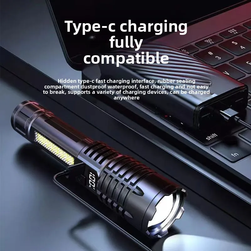 High Power LED Flashlight Portable Zoom Torch Type-C Rechargeable Waterproof Light with COB Side Lamp for Outdoor Camping Hiking