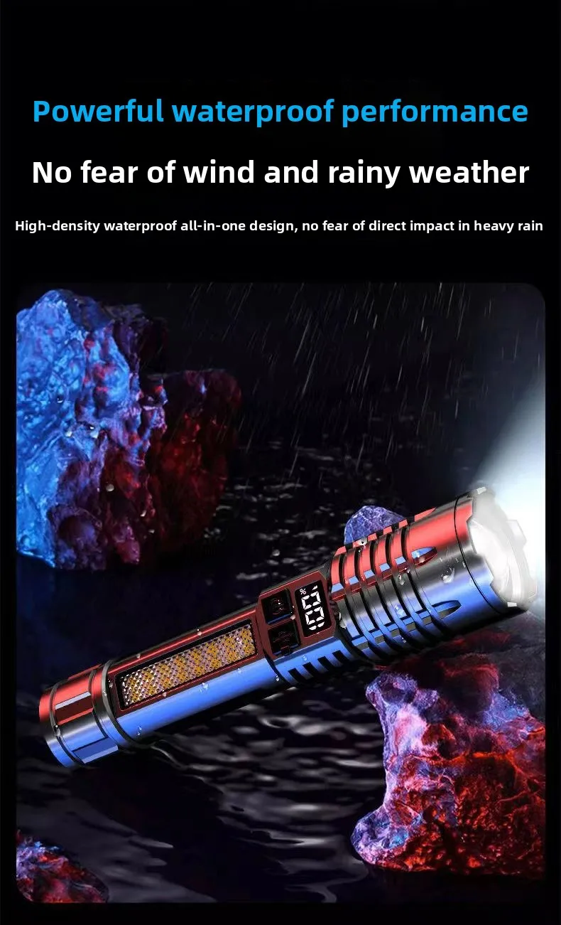 High Power LED Flashlight Portable Zoom Torch Type-C Rechargeable Waterproof Light with COB Side Lamp for Outdoor Camping Hiking