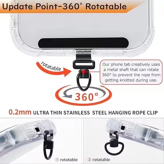 360 Rotating Phone Lanyard Clip Metal Stainless Steel Tether Tab Gasket Universal Anti-Lost Phone Strap Holder Adapter Connector