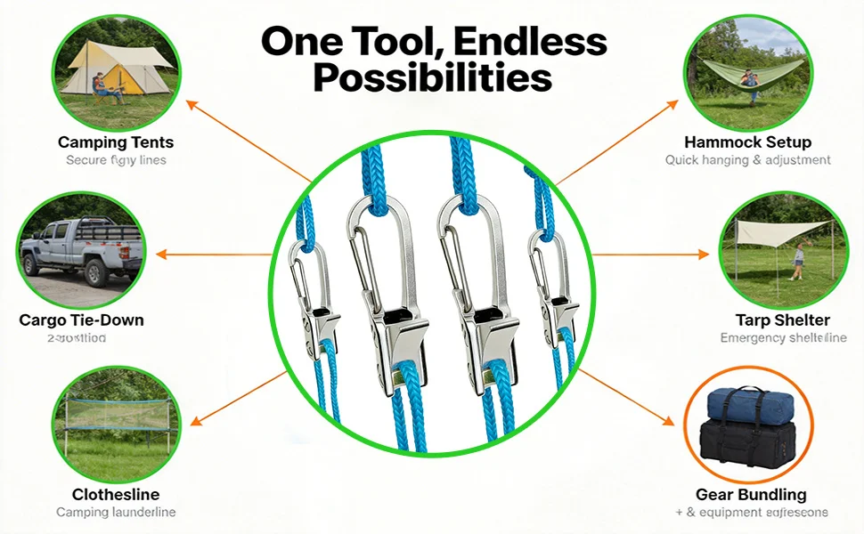 Rope Tying Tool And Tensioner with Roller Tensioner, Heavy-Duty Retractable Buckle with Accessory Rope, Suitable for Camping