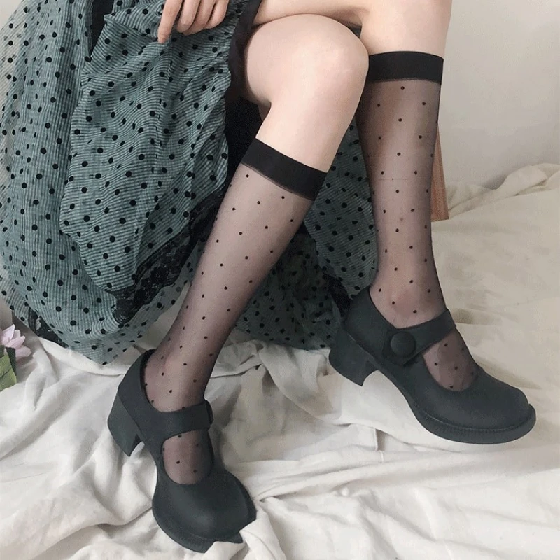 Women Sexy Polka Dot Print Stockings Knee High Socks Soft Nylon Elastic Fishnet Girls Lolita Cute Fashion Long Leg Socks Black