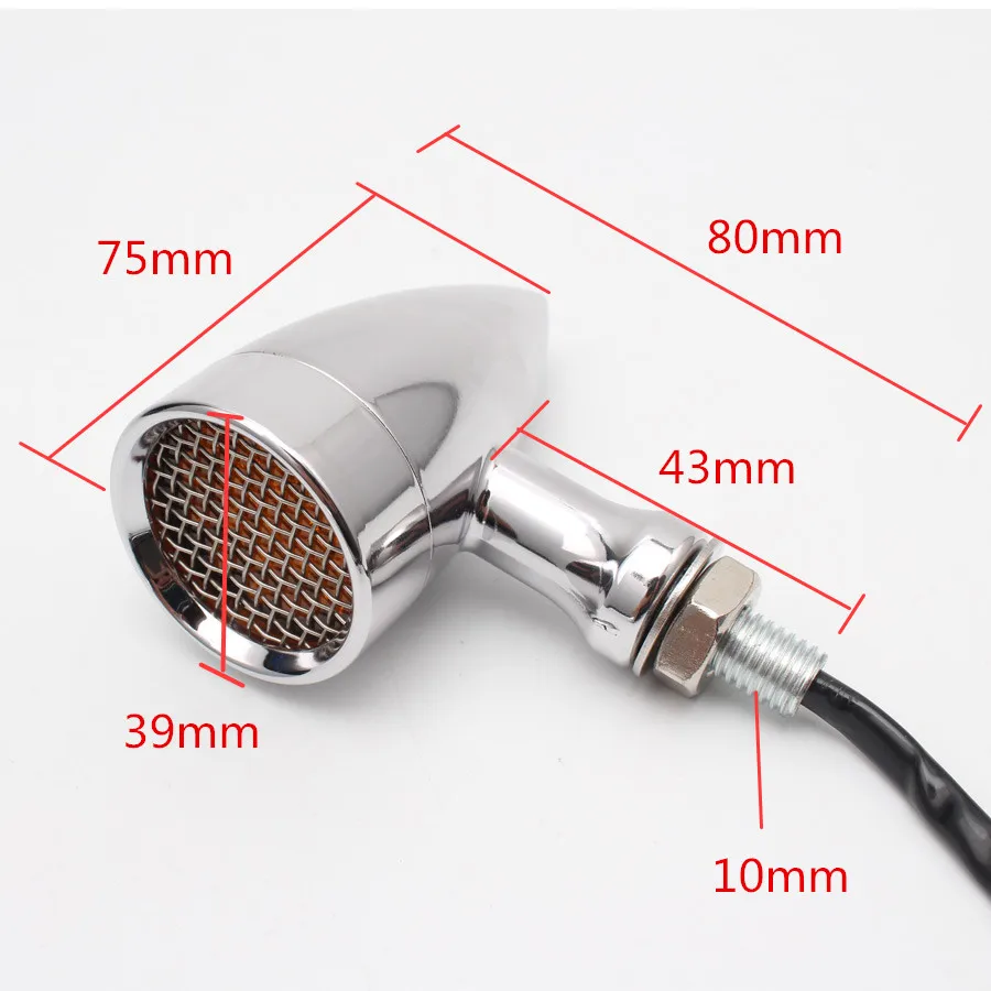Black/Chrome Motorcycle 12V Amber Mesh Lens LED Turn Signal Brake Light 10mm Aluminum Housing For Chopper Bobber Cafe Racer
