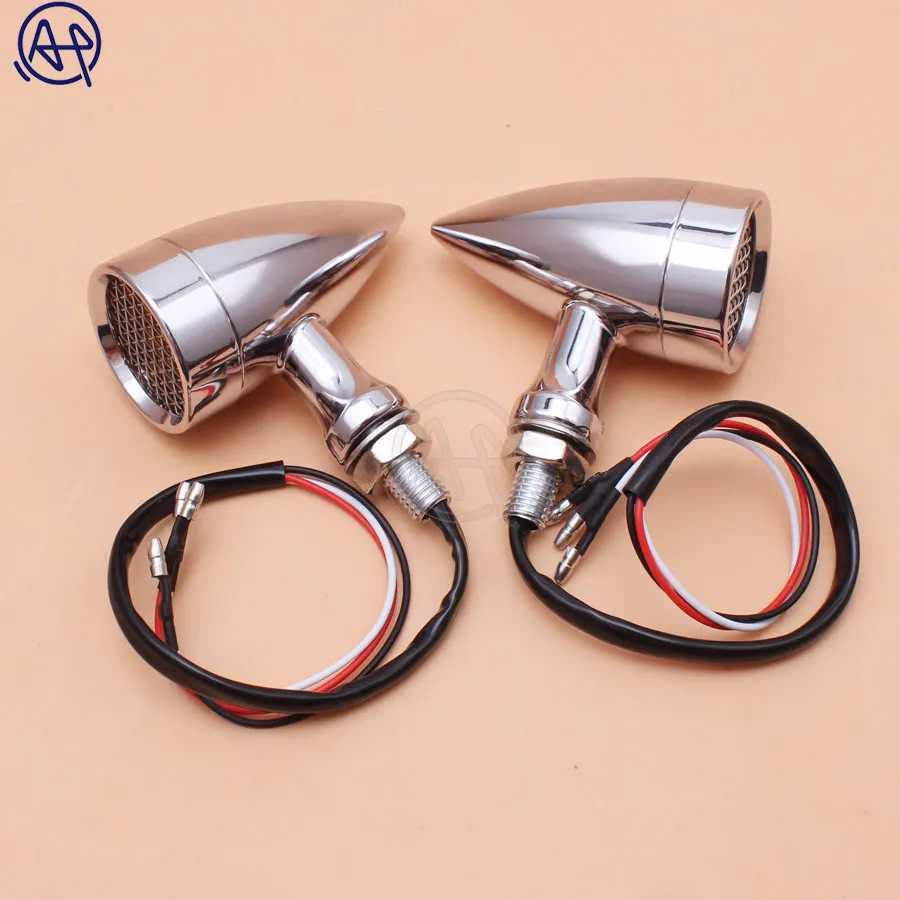 Black/Chrome Motorcycle 12V Amber Mesh Lens LED Turn Signal Brake Light 10mm Aluminum Housing For Chopper Bobber Cafe Racer