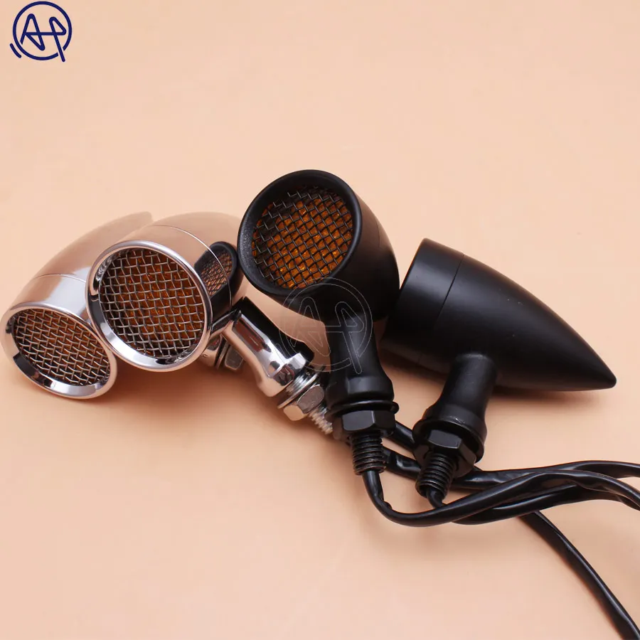 Black/Chrome Motorcycle 12V Amber Mesh Lens LED Turn Signal Brake Light 10mm Aluminum Housing For Chopper Bobber Cafe Racer