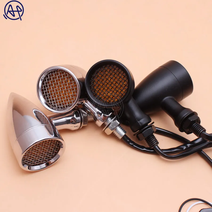 Black/Chrome Motorcycle 12V Amber Mesh Lens LED Turn Signal Brake Light 10mm Aluminum Housing For Chopper Bobber Cafe Racer