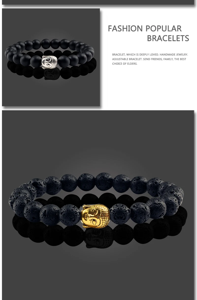 Healing Buddha Head Prayer Volcanic Lava Natural Stone Strand Bead Bracelet For Men Black Beaded Yoga Women armband Jewelry