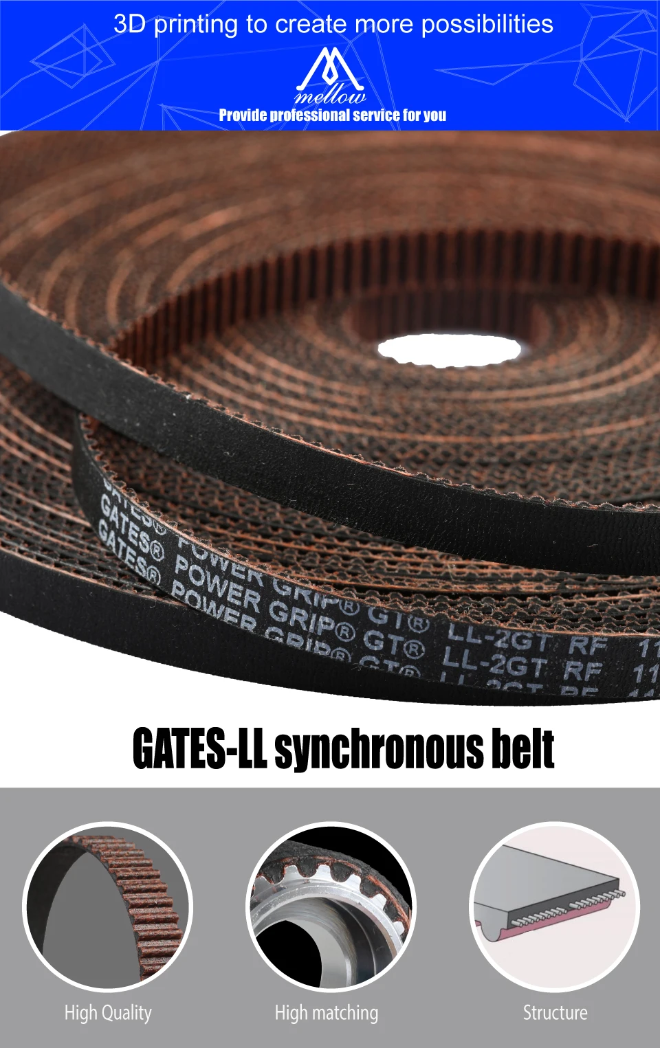 Mellow High Quality 3D Printer Part GATES-LL-2GT Gear Synchronous Belt GT2 Width 6MM 9MM 10MM Timing Belt Wear Resistant for BLV