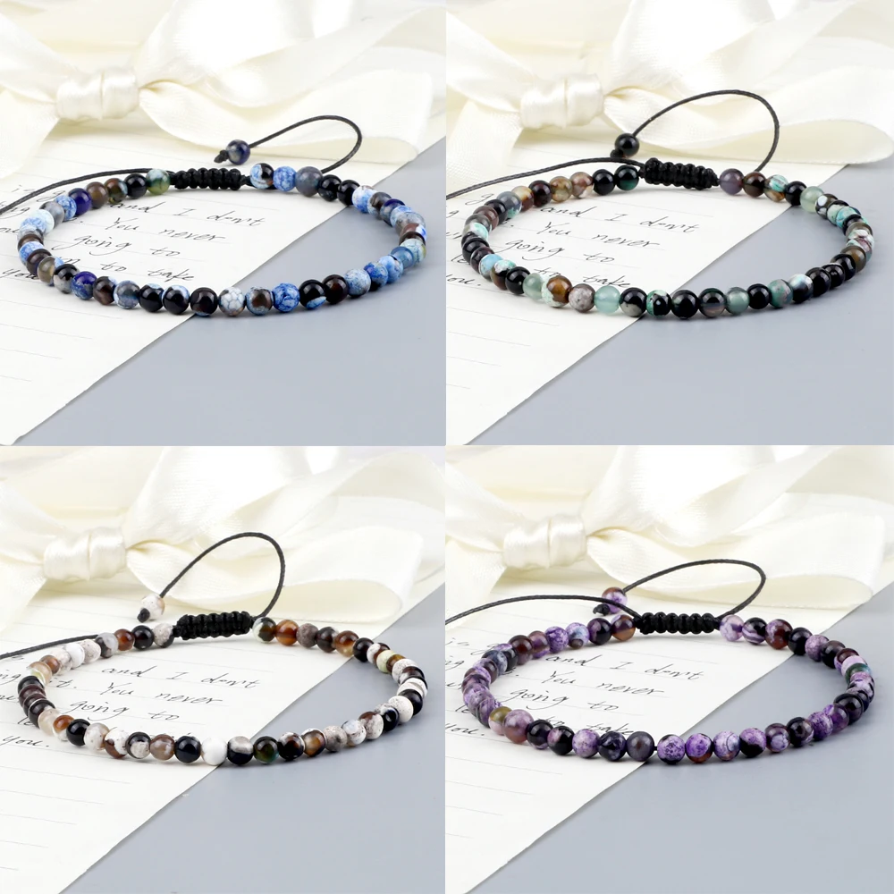 4mm Natural Mini Beads Bracelets for Women Men Round Agates Onyx Stone Yoga Braided Bracelet Elastic Charm Bangle Prayer Jewelry