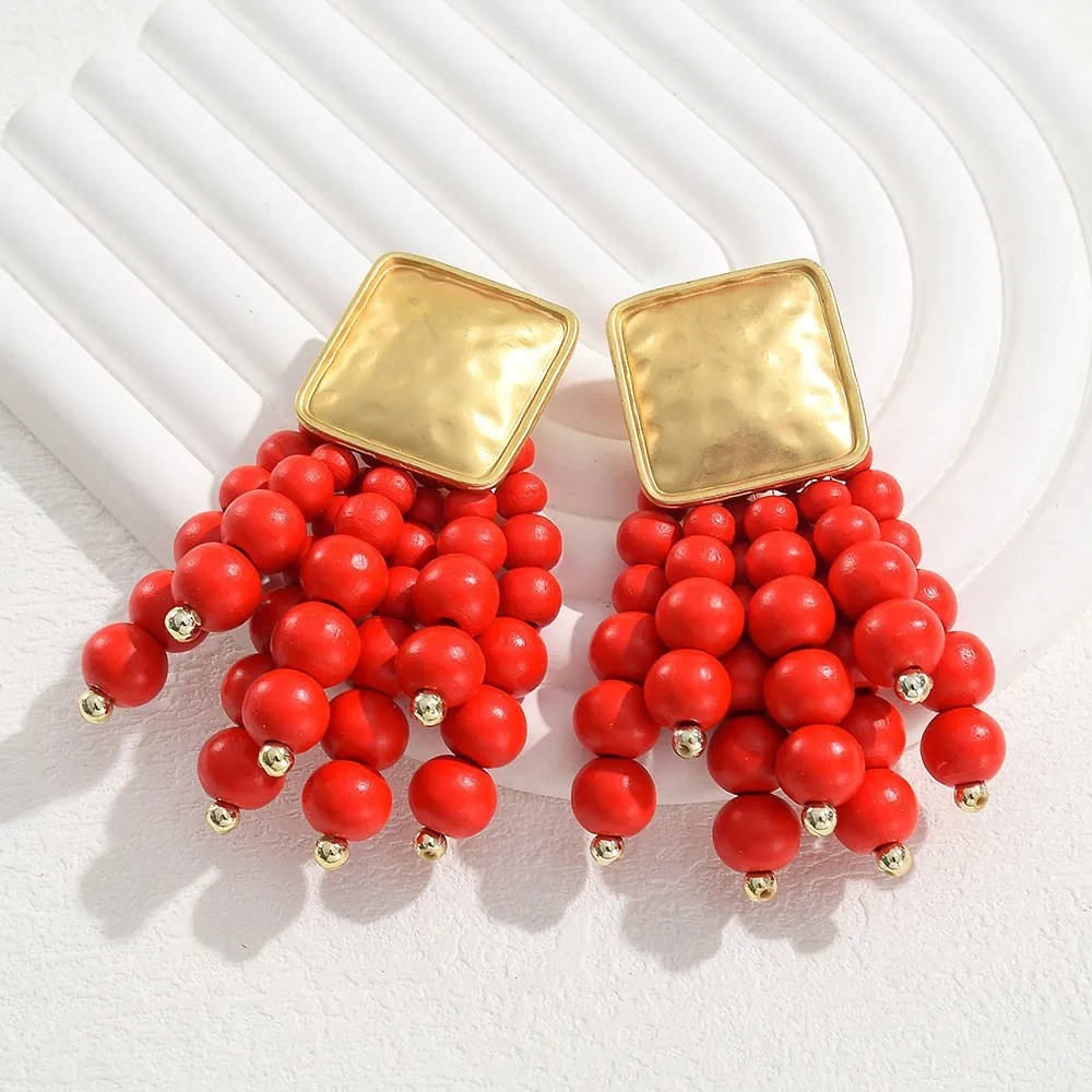 Vintage Handmade Wooden Drop Dangle Earrings Maxi Beaded Bohemian Statement Wedding Jewelry For Women brincos