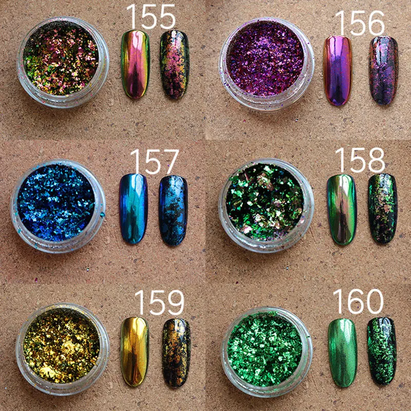 1 Jar AURORA Chrome Nail Art Flakes Multi Chrome Chameleon Peacock Galaxy Chrome Flakes Nail Art Mirror Powder Pigment