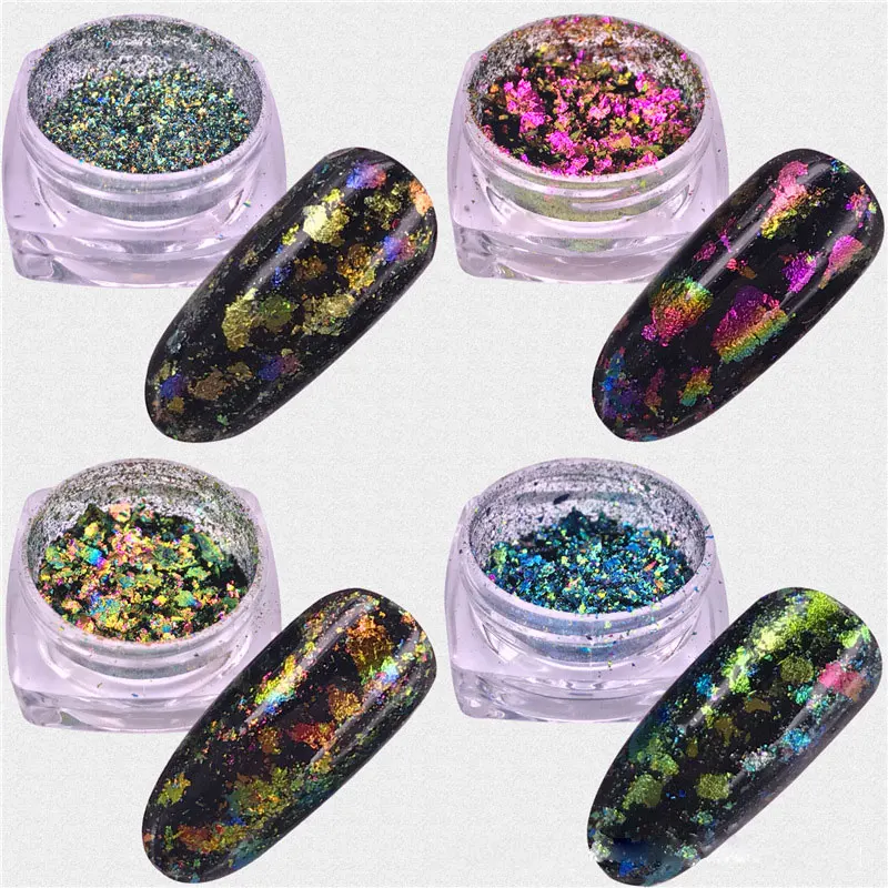 1 Jar AURORA Chrome Nail Art Flakes Multi Chrome Chameleon Peacock Galaxy Chrome Flakes Nail Art Mirror Powder Pigment