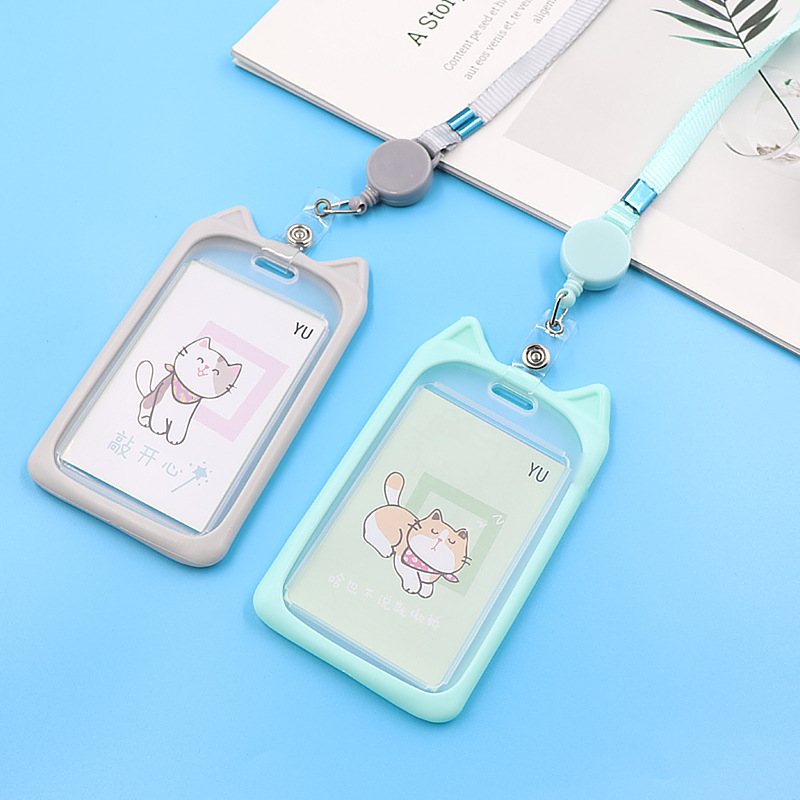 1PC Cute Cartoon Cat Card Holder Bank Identity Bus ID Card Holder Case with Retractable Reel Lanyard Credit Cover Case Kids Gift